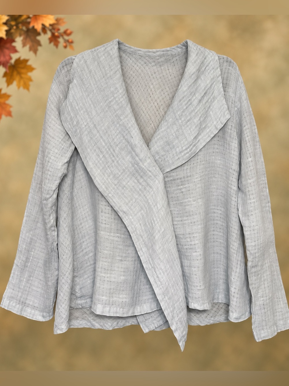 Flax 100% Linen Light Blue-Silver Shawl Collar Linen Top/Jacket